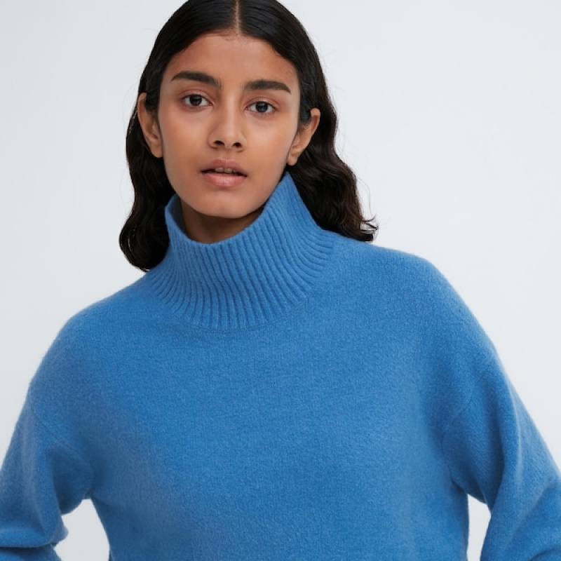 Uniqlo Souffle Yarn High Neck Long-Sleeve Gensere Dame Blå | 0784-JTSRM