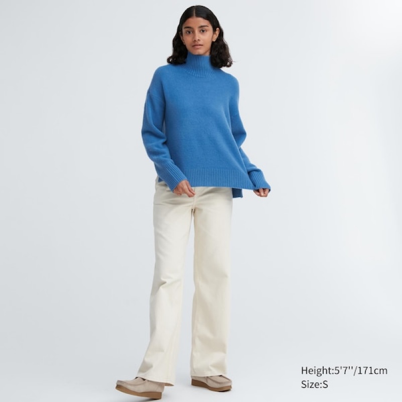 Uniqlo Souffle Yarn High Neck Long-Sleeve Gensere Dame Blå | 0784-JTSRM