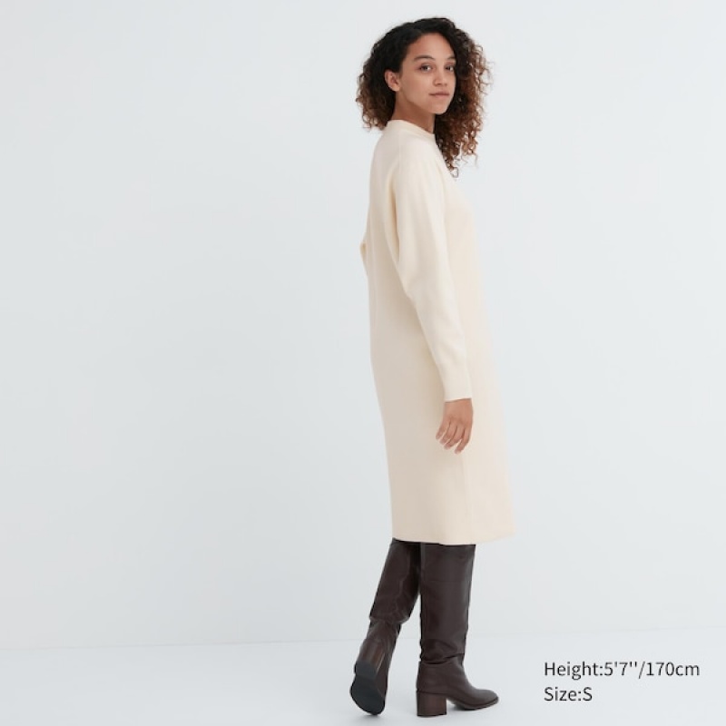 Uniqlo Souffle Yarn Long-Sleeve Kjole Dame Hvite | 4031-ZRNUY