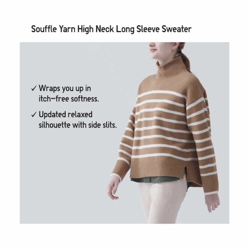 Uniqlo Souffle Yarn Stripete High Neck Long-Sleeve Gensere Dame Beige | 0482-GASLN