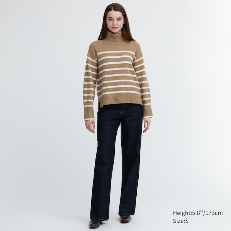 Uniqlo Souffle Yarn Stripete High Neck Long-Sleeve Gensere Dame Beige | 0482-GASLN