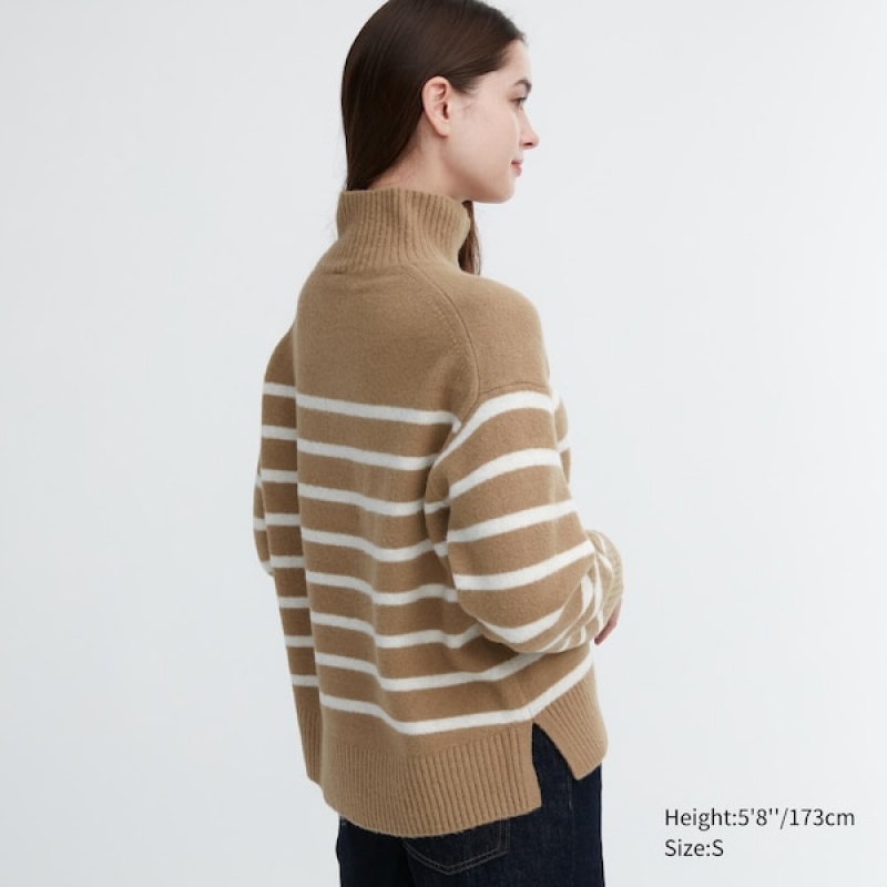 Uniqlo Souffle Yarn Stripete High Neck Long-Sleeve Gensere Dame Beige | 0482-GASLN