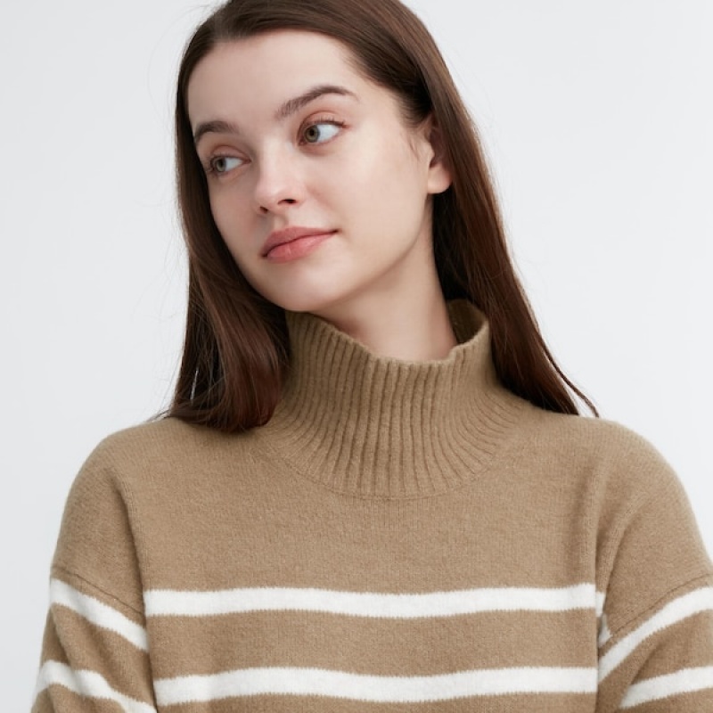 Uniqlo Souffle Yarn Stripete High Neck Long-Sleeve Gensere Dame Beige | 0482-GASLN