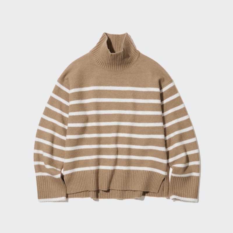 Uniqlo Souffle Yarn Stripete High Neck Long-Sleeve Gensere Dame Beige | 0482-GASLN