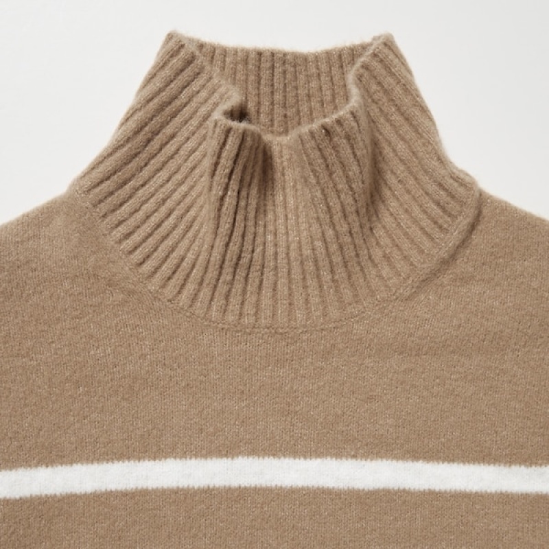 Uniqlo Souffle Yarn Stripete High Neck Long-Sleeve Gensere Dame Beige | 0482-GASLN