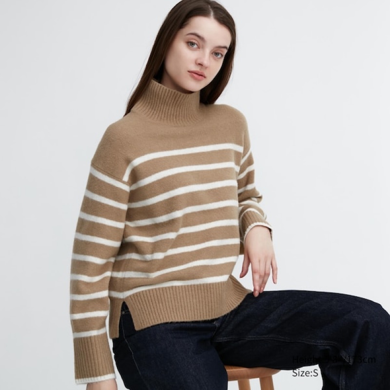 Uniqlo Souffle Yarn Stripete High Neck Long-Sleeve Gensere Dame Beige | 0482-GASLN