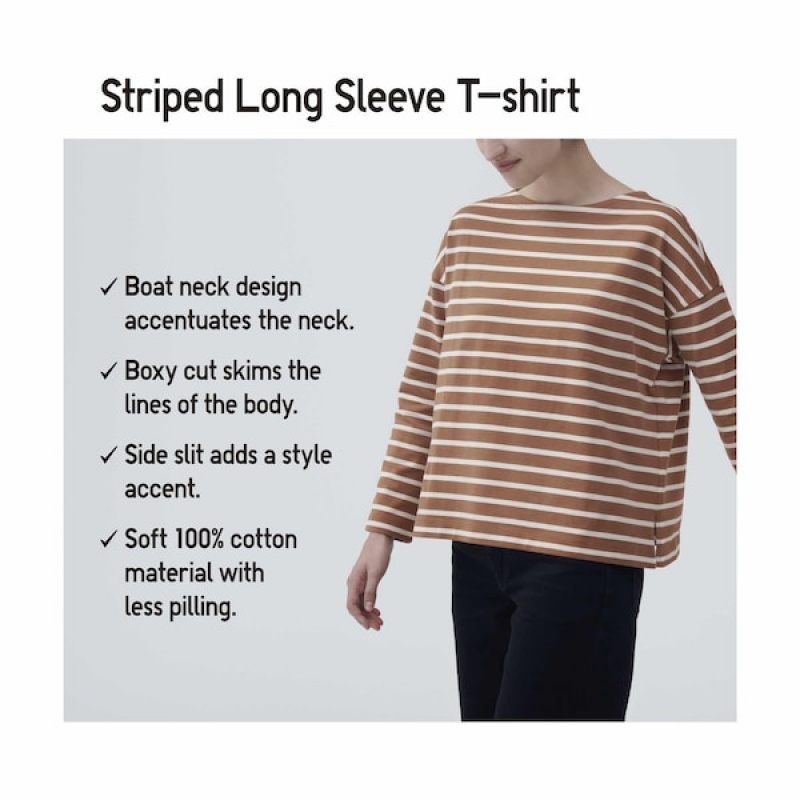 Uniqlo Stripete Long-Sleeve T-skjorte Dame Brune | 1756-BTRZP