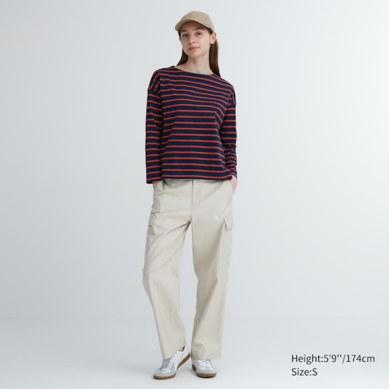 Uniqlo Stripete Long-Sleeve T-skjorte Dame Brune | 1756-BTRZP