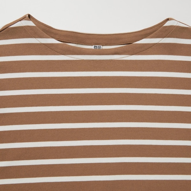 Uniqlo Stripete Long-Sleeve T-skjorte Dame Brune | 1756-BTRZP