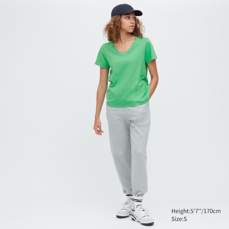 Uniqlo Supima® Bomull V-Neck Kort-Sleeve T-skjorte Dame Grønn | 3172-WVFQY