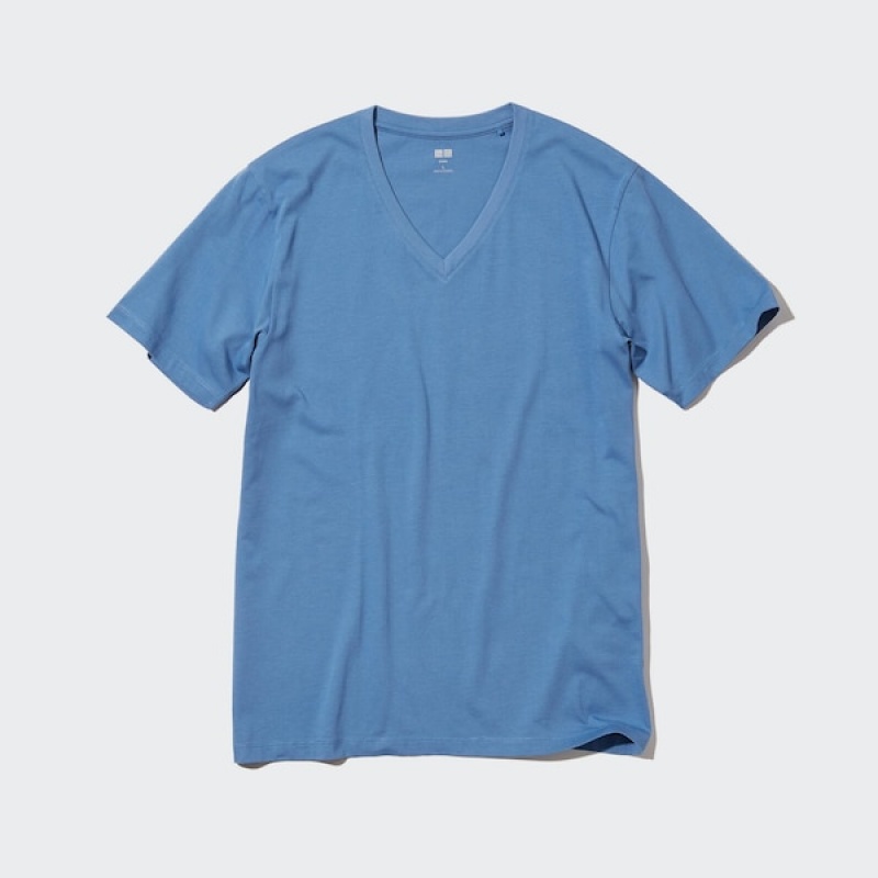 Uniqlo Supima® Bomull V-Neck Kort-Sleeve T-skjorte Herre Blå | 7826-HEMDN