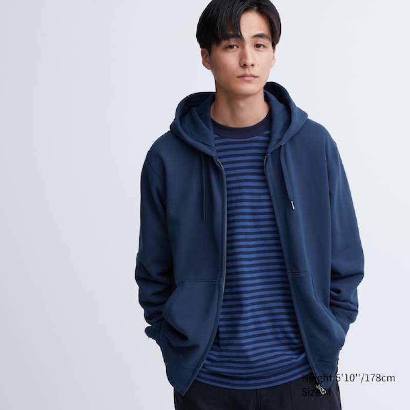 Uniqlo Sweat Long-Sleeve Full-Zip Hettegenser Herre Blå | 1062-QRMDB