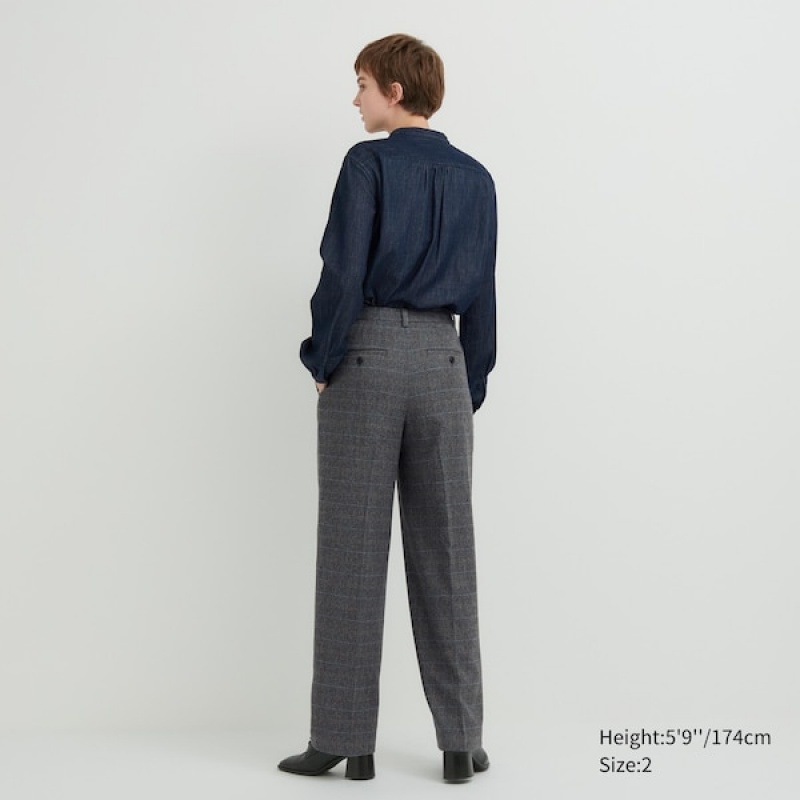 Uniqlo Tweed Brede-Fit Plissert Bukse Dame Mørke Grå | 1904-UXIFO