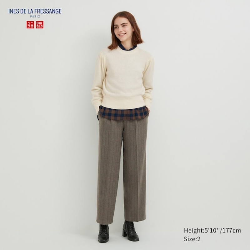 Uniqlo Tweed Brede-Fit Plissert Bukse Dame Brune | 6802-HQBIC