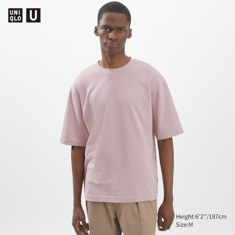 Uniqlo U AIRism Bomull Oversized Crew Neck Half-Sleeve T-skjorte Herre Rosa | 9746-RVIBX