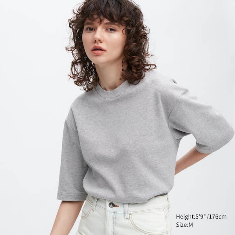 Uniqlo U AIRism Bomull Stripete Crew Neck Oversized T-skjorte Dame Grå | 3489-CIZAQ