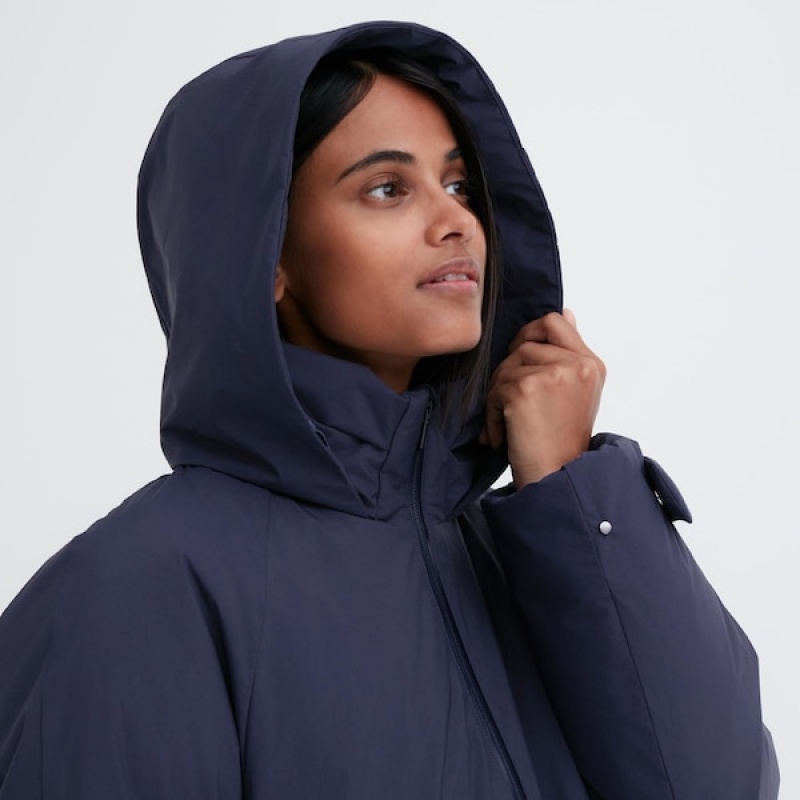 Uniqlo Ultra Warm Hybrid Down Long Frakker Dame Marineblå | 1470-EMGVK