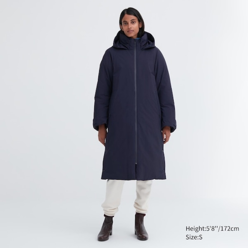 Uniqlo Ultra Warm Hybrid Down Long Frakker Dame Marineblå | 1470-EMGVK