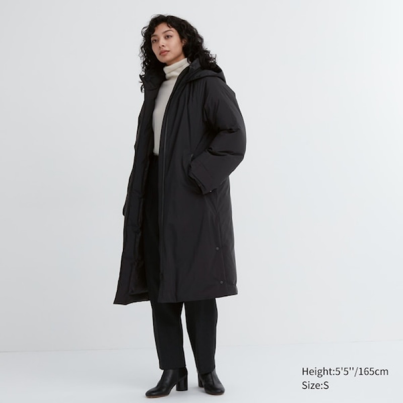 Uniqlo Ultra Warm Hybrid Down Long Frakker Dame Svarte | 2957-SQPZD