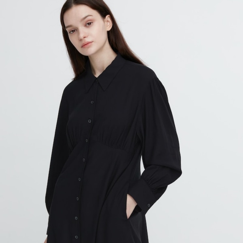 Uniqlo V-Neck Long-Sleeve Mini Shirt Kjole Dame Svarte | 5874-UNKSW