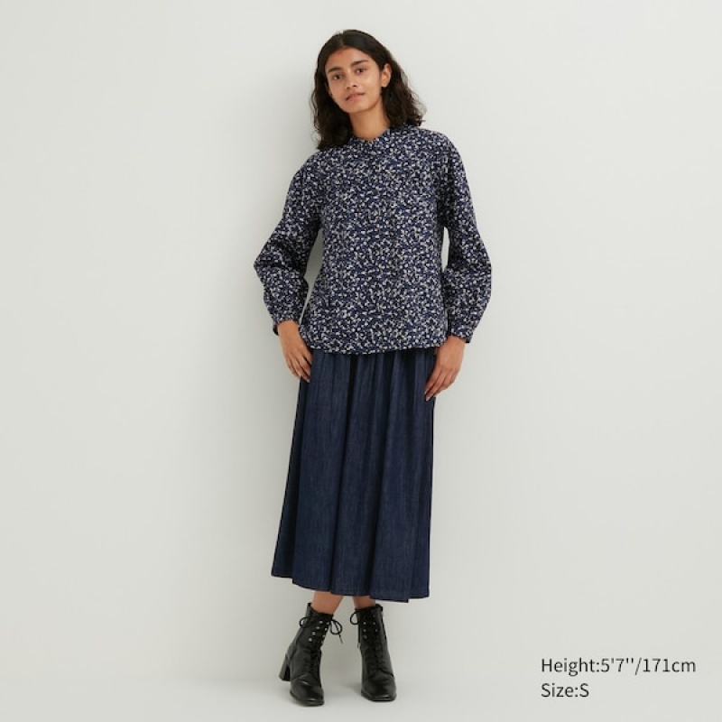 Uniqlo Volume Printed Long-Sleeve Skjorte Dame Blå | 2850-VYCGJ