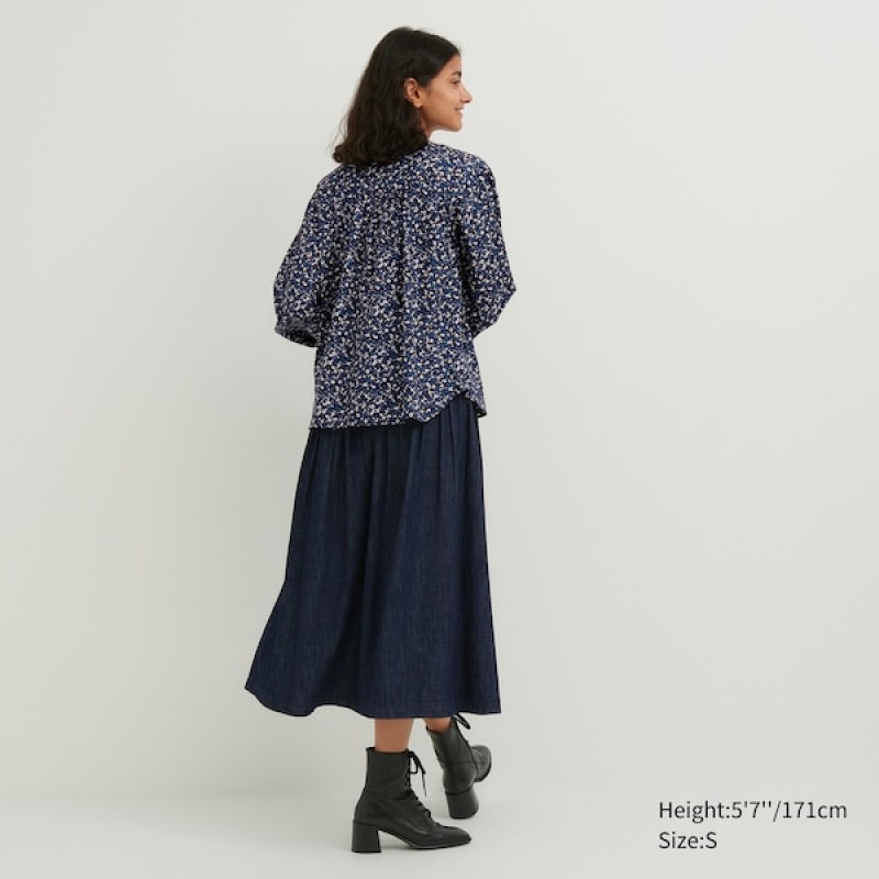 Uniqlo Volume Printed Long-Sleeve Skjorte Dame Blå | 2850-VYCGJ