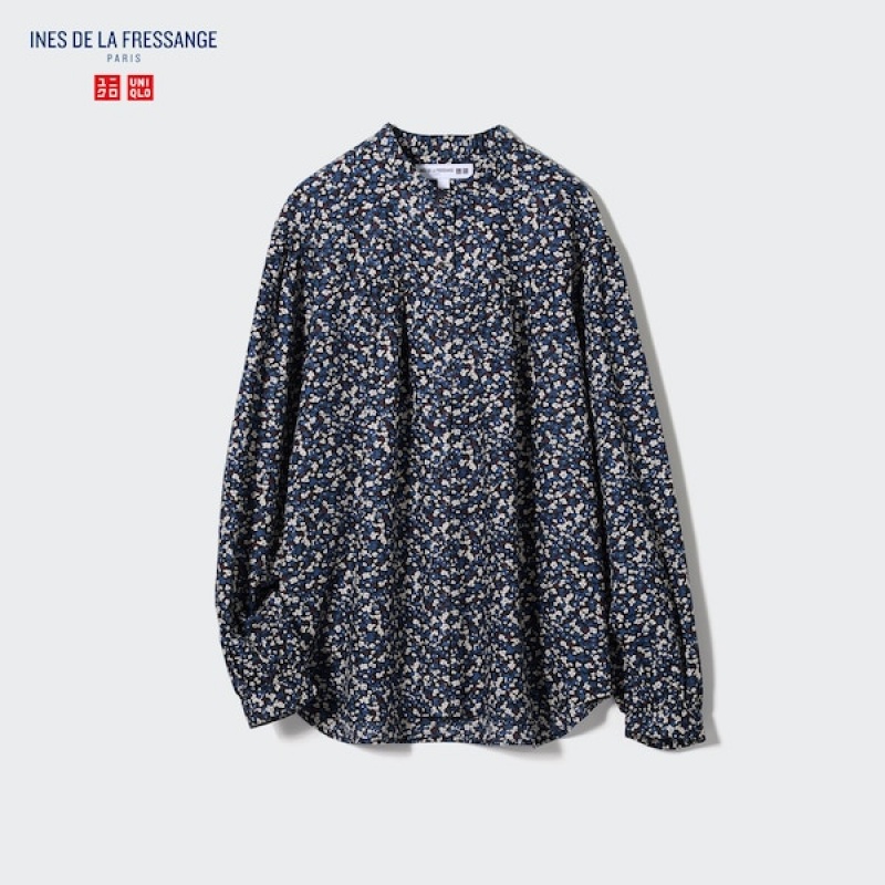 Uniqlo Volume Printed Long-Sleeve Skjorte Dame Blå | 2850-VYCGJ