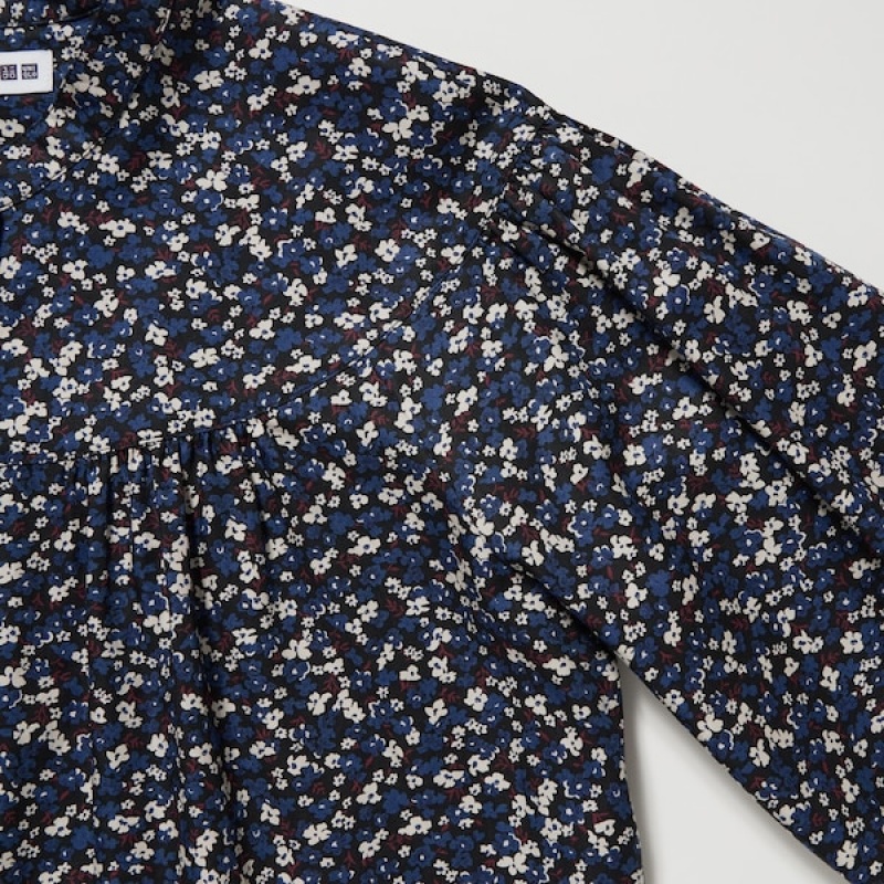 Uniqlo Volume Printed Long-Sleeve Skjorte Dame Blå | 2850-VYCGJ