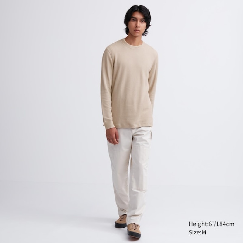 Uniqlo Waffle Crew Neck Long-Sleeve T-skjorte Herre Beige | 1657-ITKMF