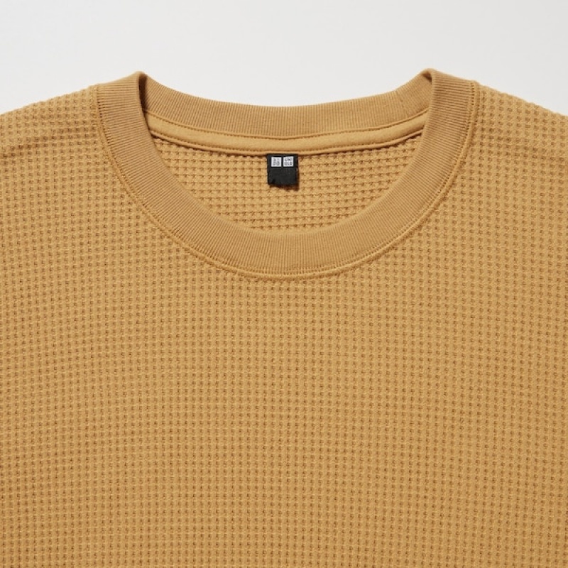 Uniqlo Waffle Crew Neck Long-Sleeve T-skjorte Herre Gul | 4510-KXQSF