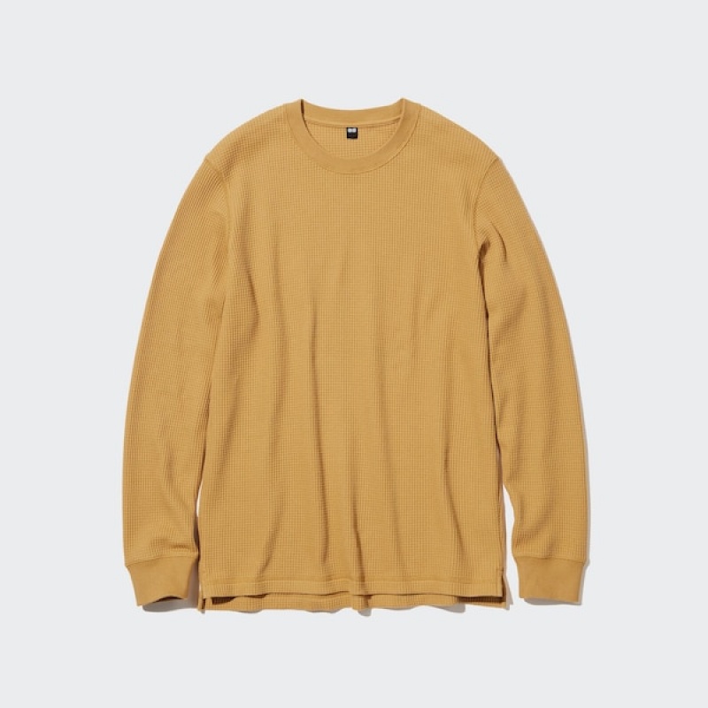 Uniqlo Waffle Crew Neck Long-Sleeve T-skjorte Herre Gul | 4510-KXQSF