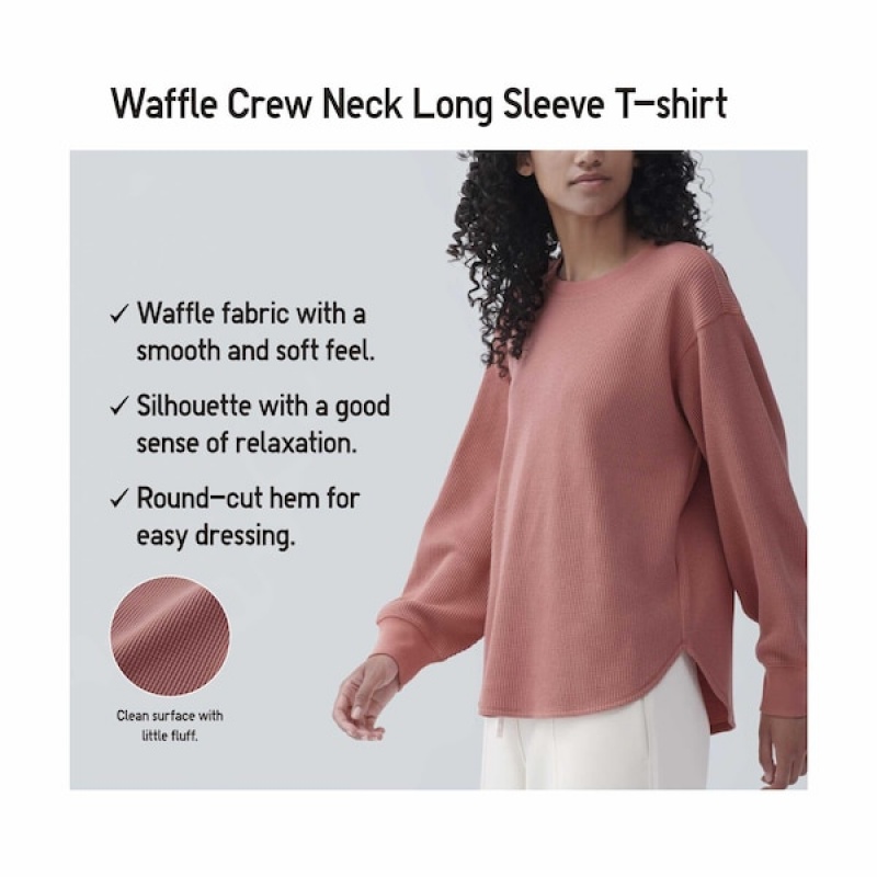 Uniqlo Waffle Crew Neck Long-Sleeve T-skjorte Dame Beige | 1643-SXPLM