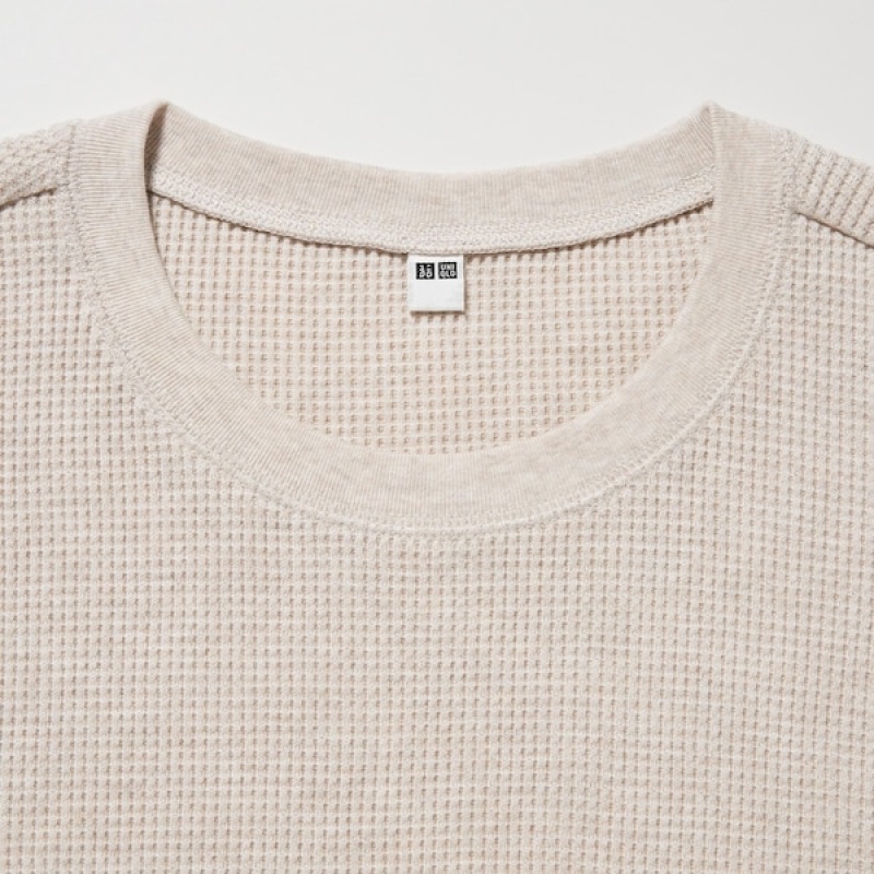 Uniqlo Waffle Crew Neck Long-Sleeve T-skjorte Dame Beige | 1643-SXPLM