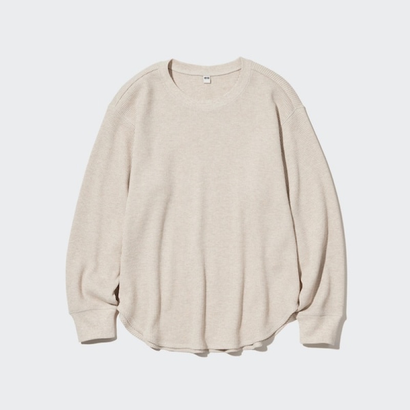 Uniqlo Waffle Crew Neck Long-Sleeve T-skjorte Dame Beige | 1643-SXPLM