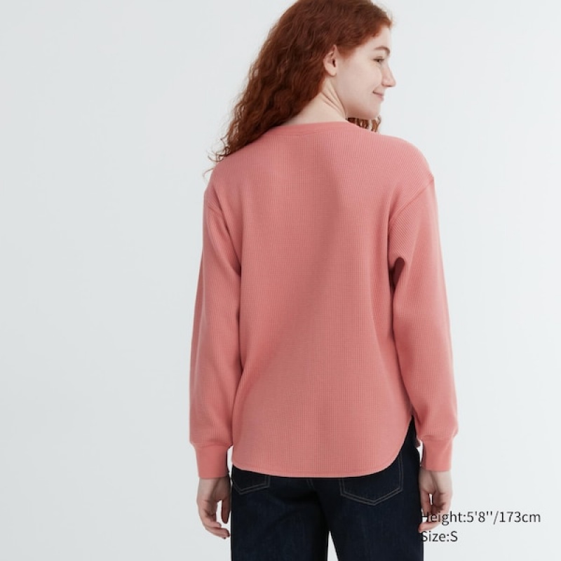 Uniqlo Waffle Crew Neck Long-Sleeve T-skjorte Dame Rosa | 2841-SNVBW