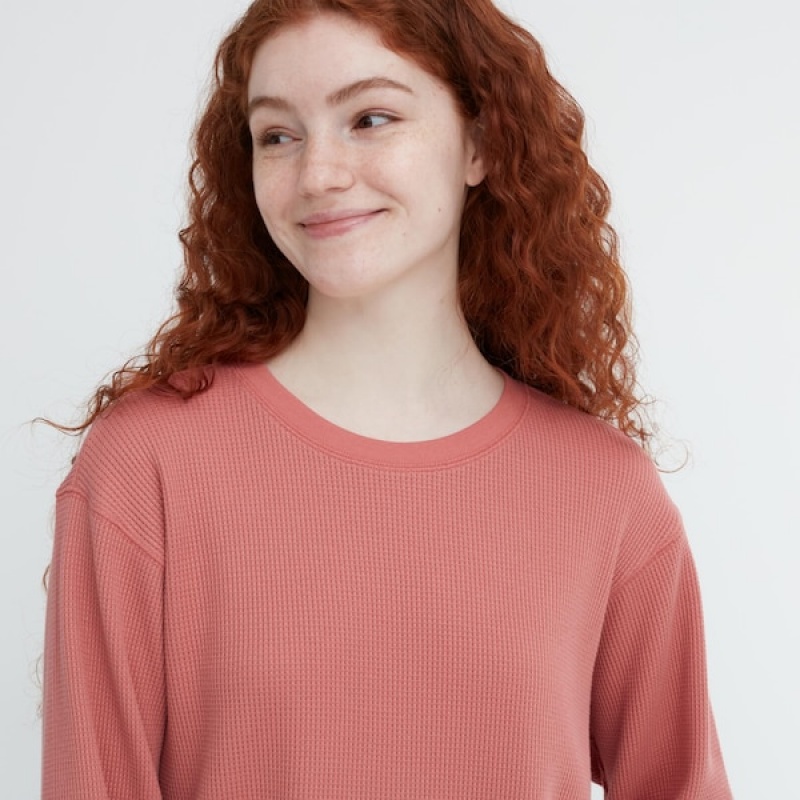 Uniqlo Waffle Crew Neck Long-Sleeve T-skjorte Dame Rosa | 2841-SNVBW