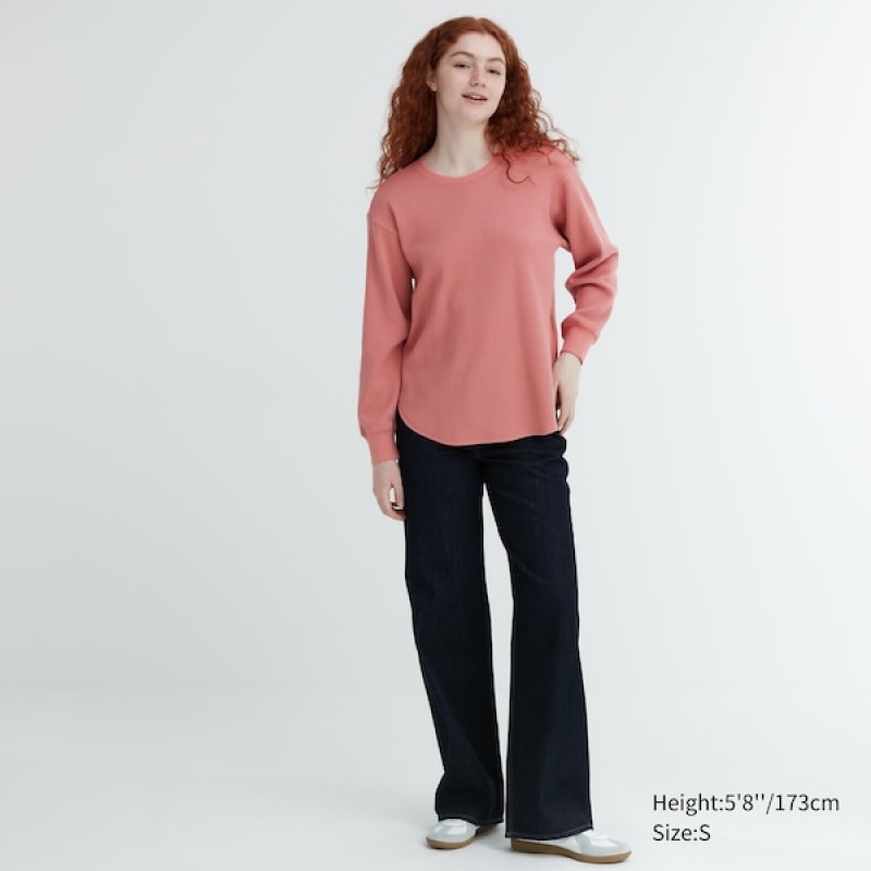 Uniqlo Waffle Crew Neck Long-Sleeve T-skjorte Dame Rosa | 2841-SNVBW