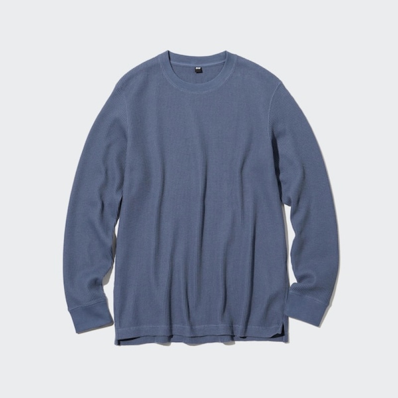 Uniqlo Waffle Crew Neck Long-Sleeve T-skjorte Dame Blå | 6710-AEXCS