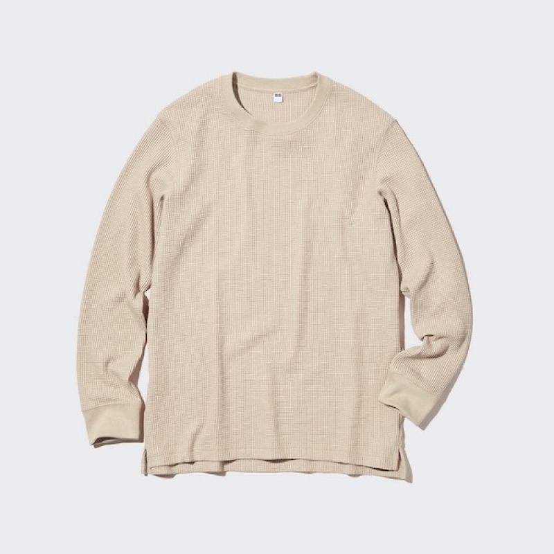 Uniqlo Waffle Crew Neck Long-Sleeve T-skjorte Dame Beige | 1275-RVNJT