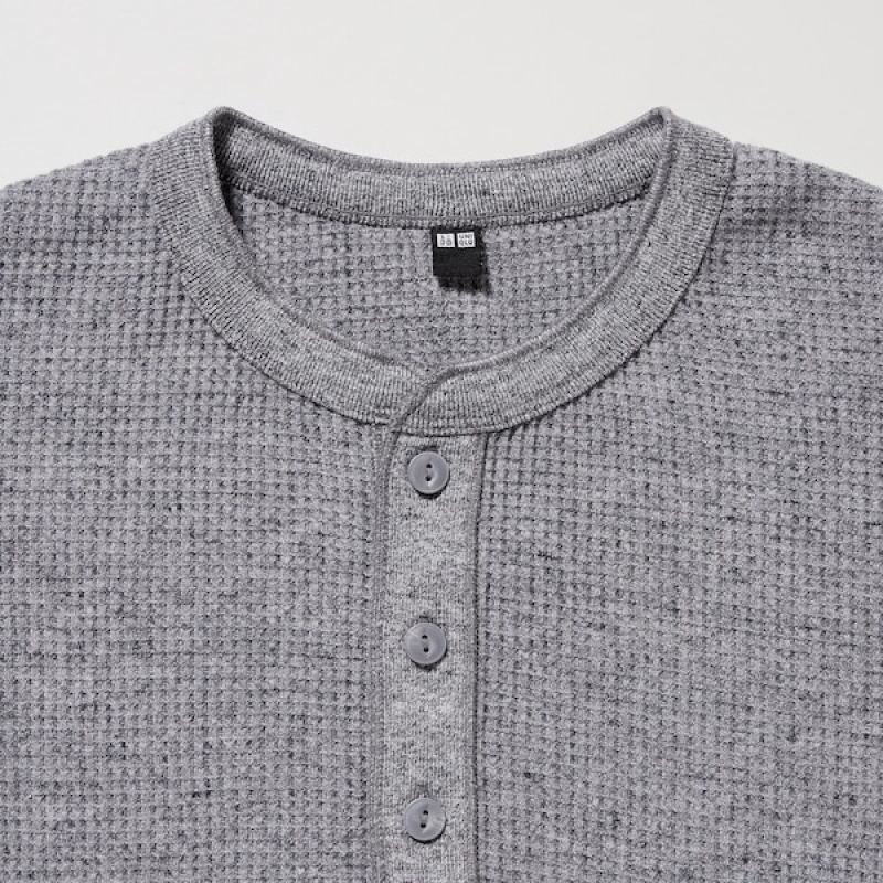 Uniqlo Waffle Henley Neck Long-Sleeve T-skjorte Herre Blå | 6310-BMKAU