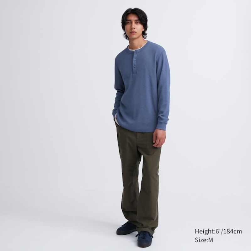 Uniqlo Waffle Henley Neck Long-Sleeve T-skjorte Herre Blå | 7248-LOHRT