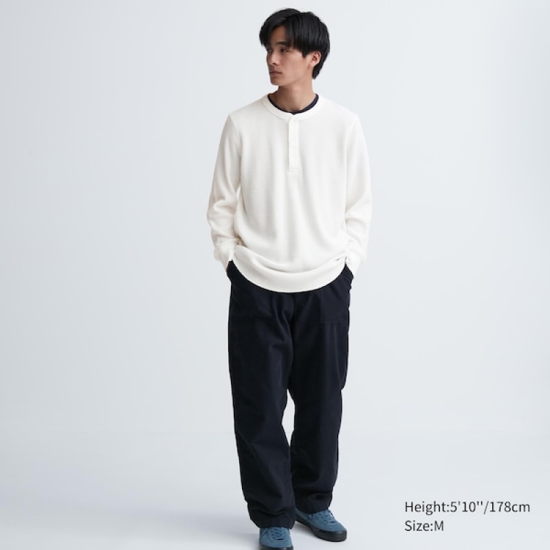 Uniqlo Waffle Henley Neck Long-Sleeve T-skjorte Herre Hvite | 3629-FUQOJ