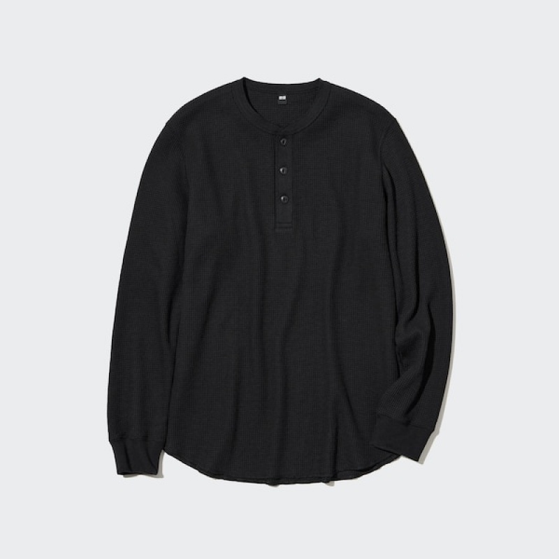 Uniqlo Waffle Long-Sleeve Henley T-skjorte Herre Svarte | 3578-KHOGW