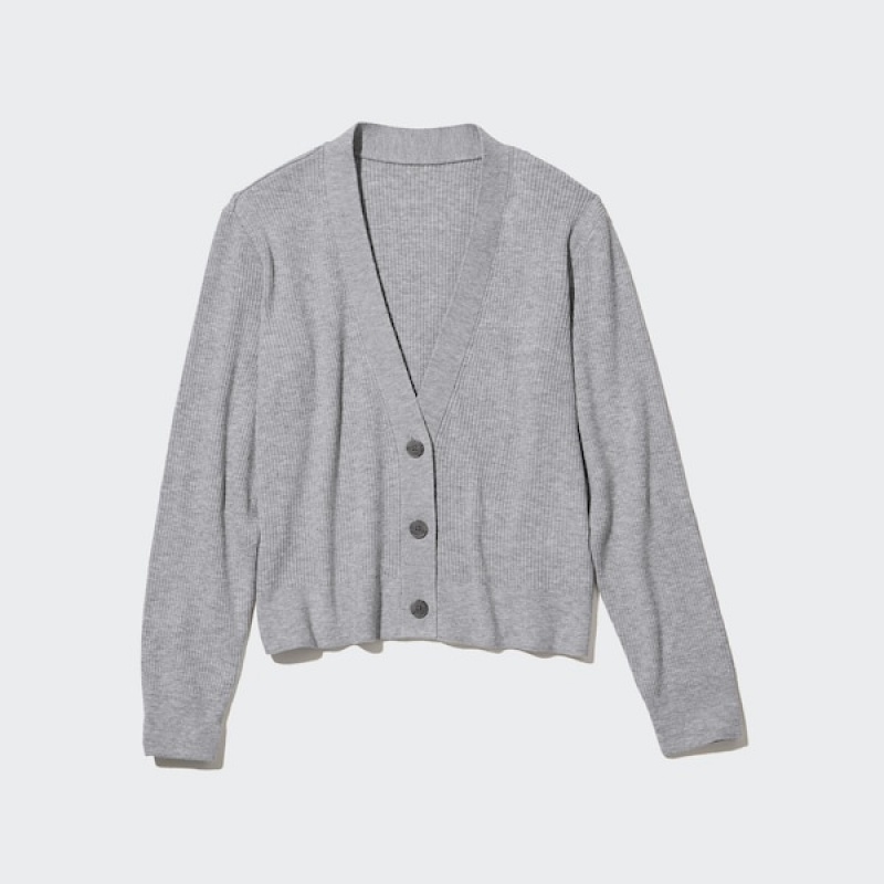 Uniqlo Washable Knit Ribbet Long-Sleeve Cardigan Dame Grå | 9082-SLPNQ