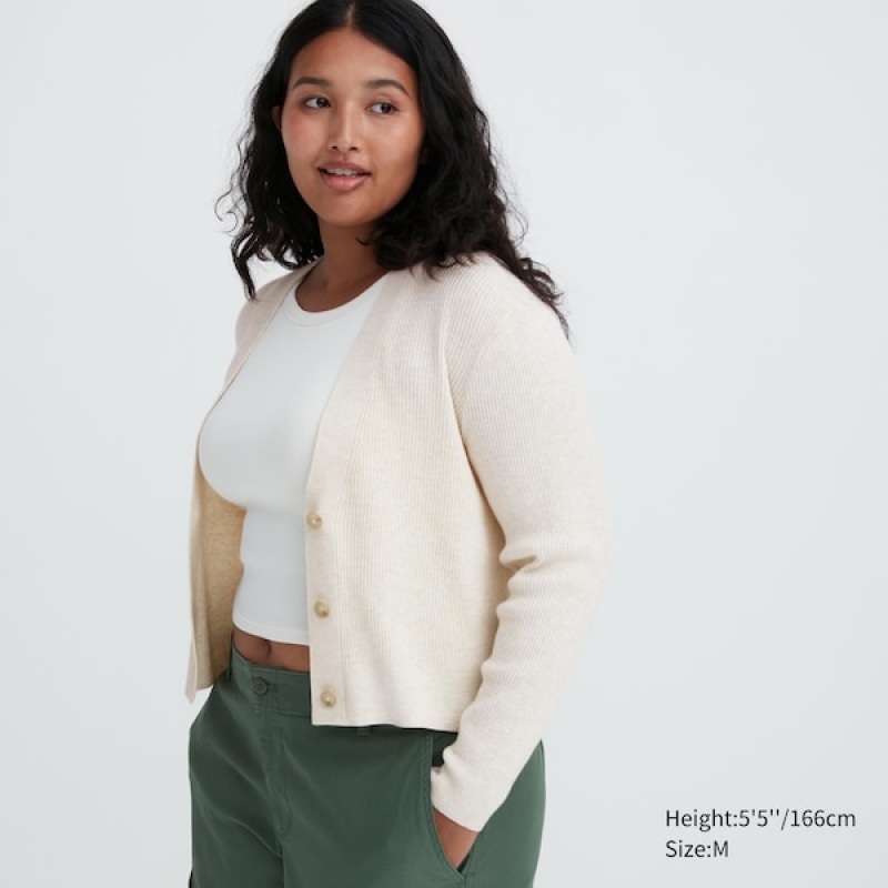 Uniqlo Washable Knit Ribbet Long-Sleeve Cardigan Dame Beige | 9806-JORDU