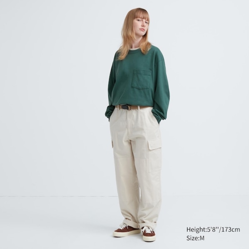 Uniqlo Washed Bomull Crew Neck Long-Sleeve T-skjorte Dame Grønn | 4092-LQBRT