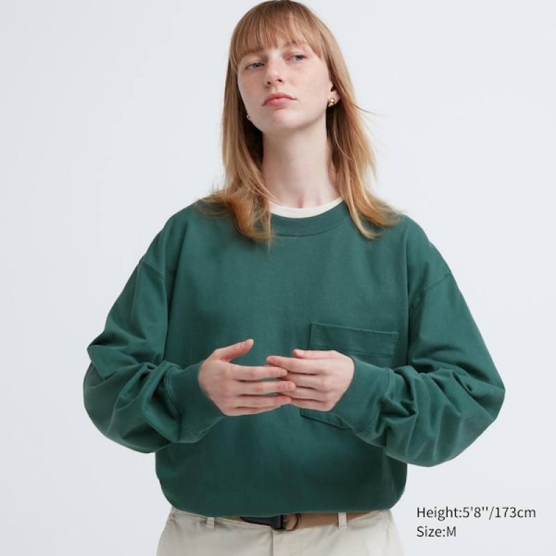 Uniqlo Washed Bomull Crew Neck Long-Sleeve T-skjorte Dame Grønn | 4092-LQBRT