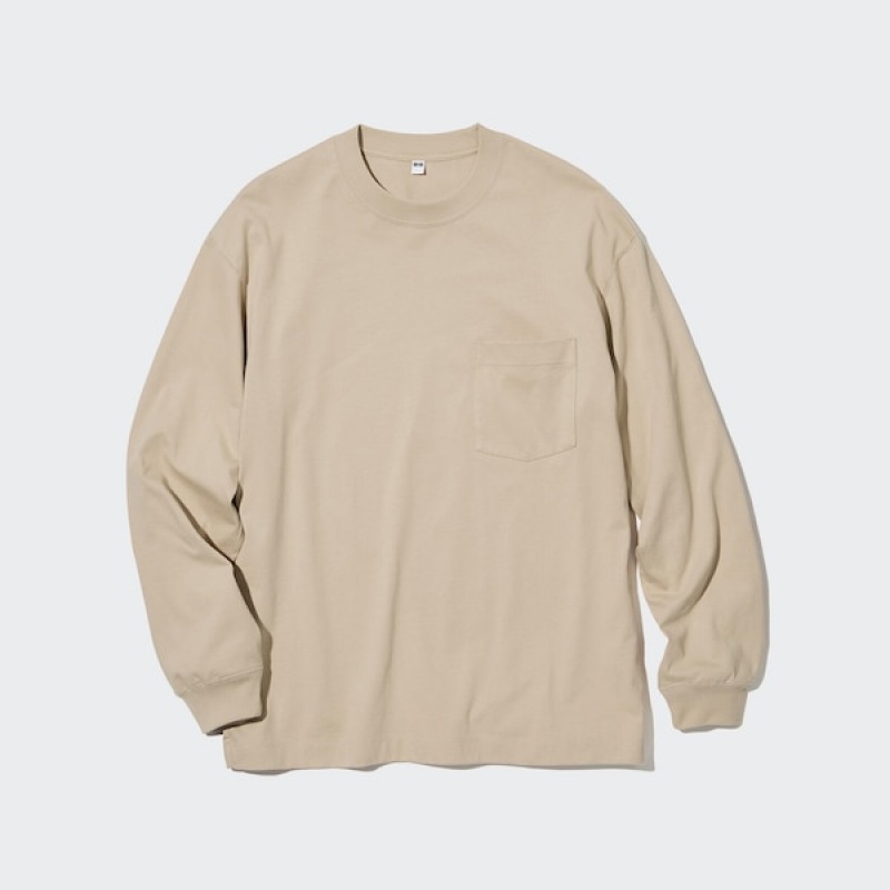 Uniqlo Washed Bomull Crew Neck Long-Sleeve T-skjorte Herre Beige | 8340-CPHOF