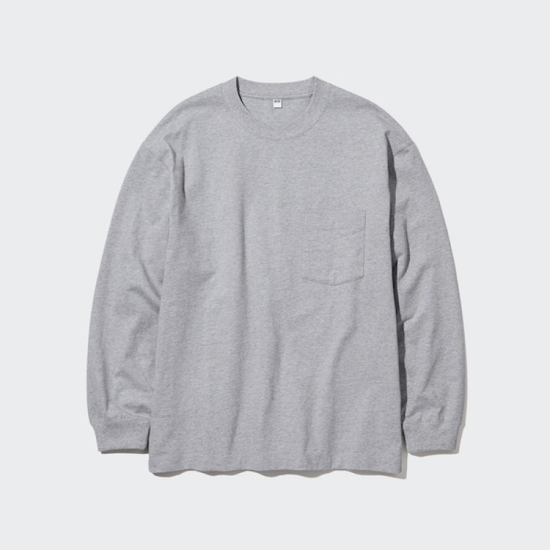 Uniqlo Washed Bomull Crew Neck Long-Sleeve T-skjorte Herre Grå | 7846-ZORFC