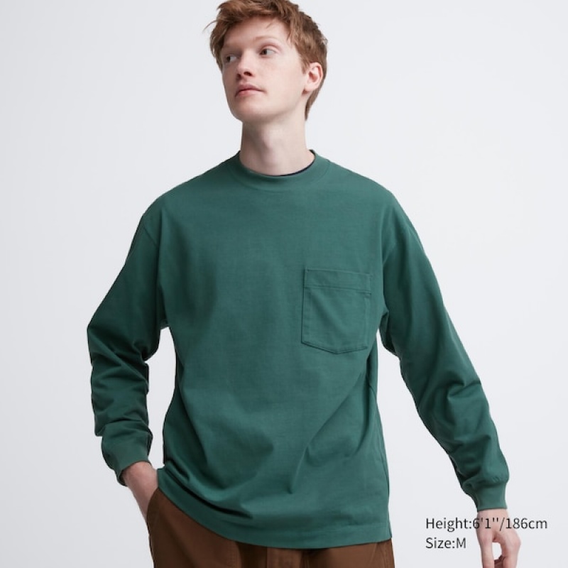 Uniqlo Washed Bomull Crew Neck Long-Sleeve T-skjorte Herre Grønn | 3486-FHCPB